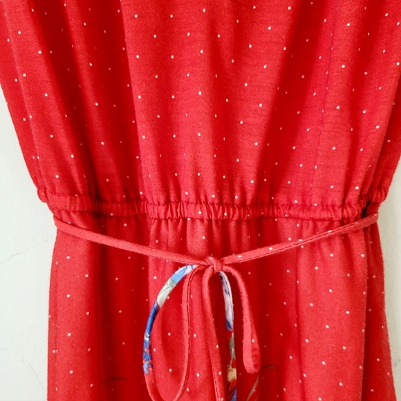 Vintage Polka-dot and Floral Drawstring Shoulder Sleeveless Dress Red Size S - Picture 9 of 12
